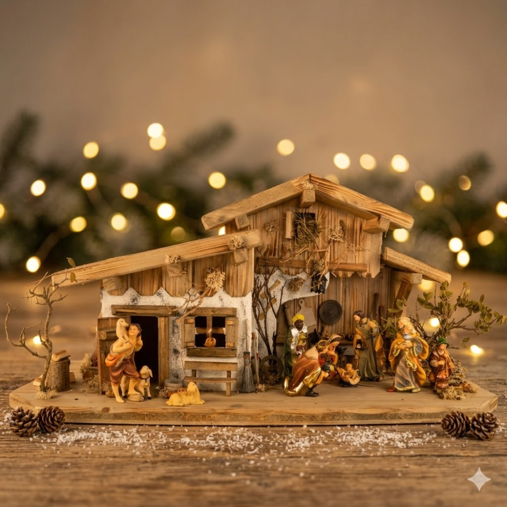 Prachtvolle Weihnachtskrippe Engelthal hell inkl. 12-tlg. Figurensatz K 001, Maße Krippe: ca. 70 x 30 x 32 cm